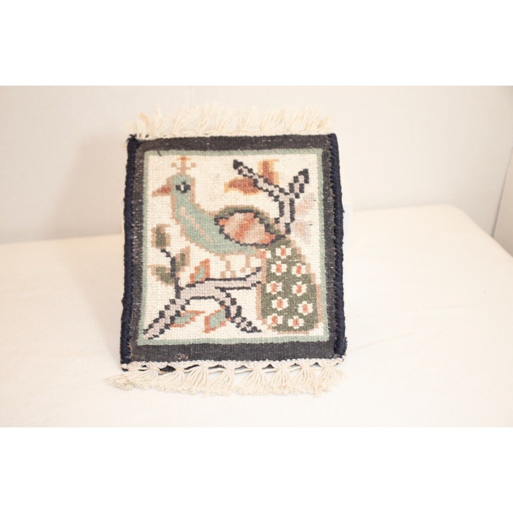 Vtg Doll House Rug Handmade Bird Design Fringed Rectangle Rug Minature 7" x 5.5"